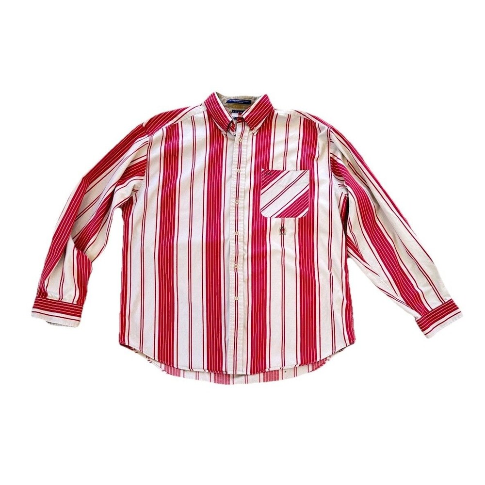VTG Tommy Hilfiger Button‎ Down Shirt Men's Lg Maroon Red Tan Stripes Crest 90s